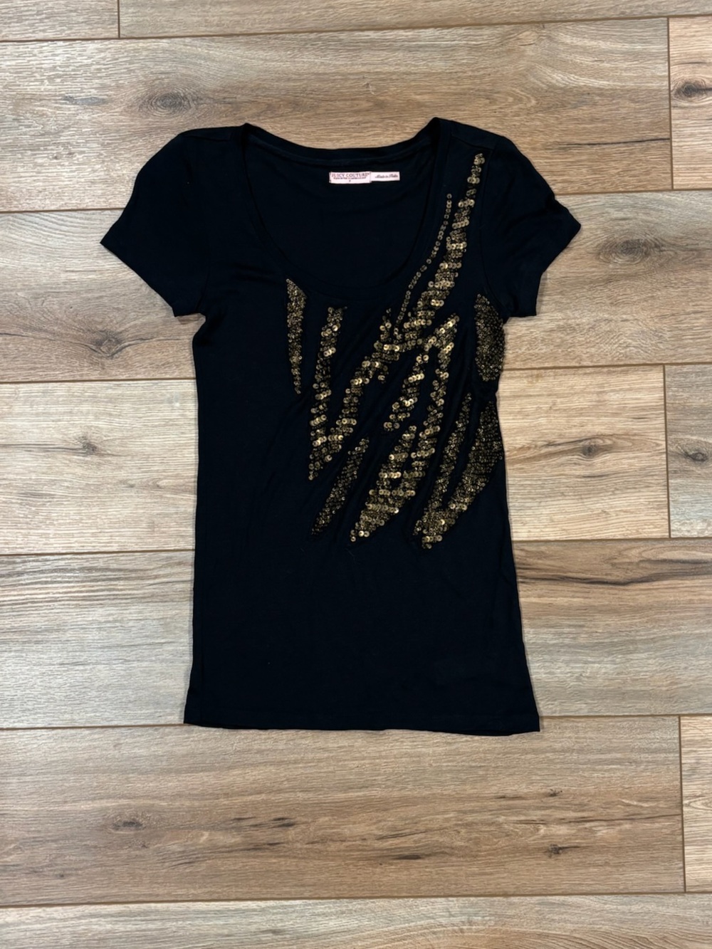 JUICY COUTURE Vintage 2000s Y2k Chic Black Gold Sequin Fitted Tee | Size Small